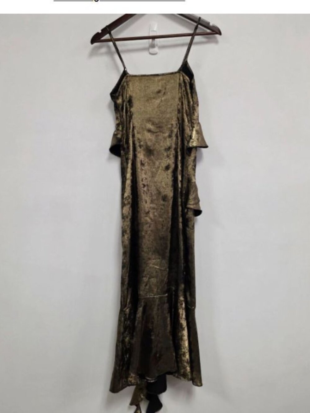 Vintage Y2K Asymmetrical Maxi Slip Dress Small 4 Metallic Gold Ruffle Cocktail - Picture 3 of 9